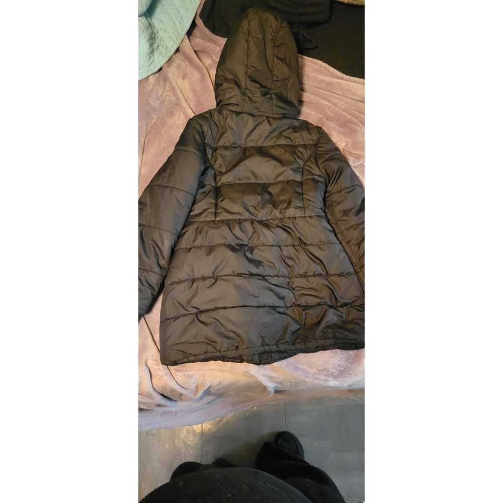 Guess Girls Black Puffer Parka Jacket Faux Fur Hood‎ Smocked Size M 10-12 - Picture 4 of 4